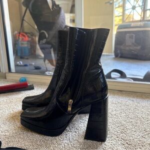 Black Croc-Embossed Platform Boots